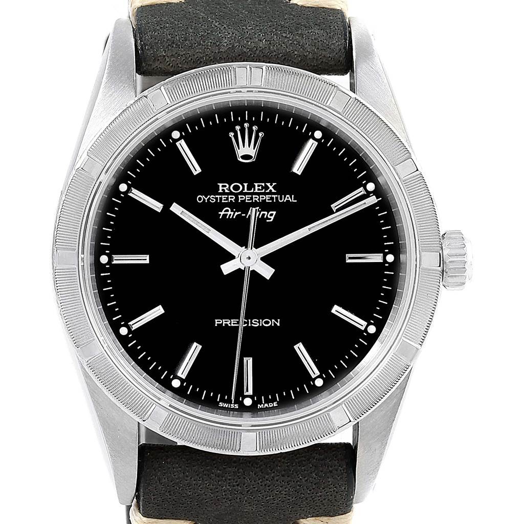The image shows a front view of a Rolex Air-King 14010 Men's Stainless Steel Black Dial 14010 Men's Stainless Steel Black Dial watch, highlighting its black dial and stainless steel bezel.