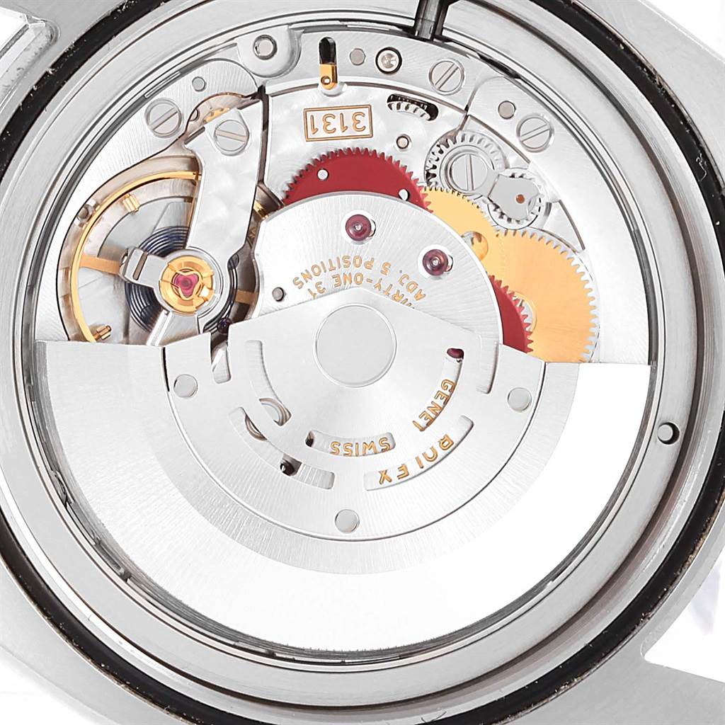 The image shows the inner mechanical movement of the Rolex Air-King 116900 Men's Stainless Steel Black Dial 116900 Men's Stainless Steel Black Dial watch from a rear angle.