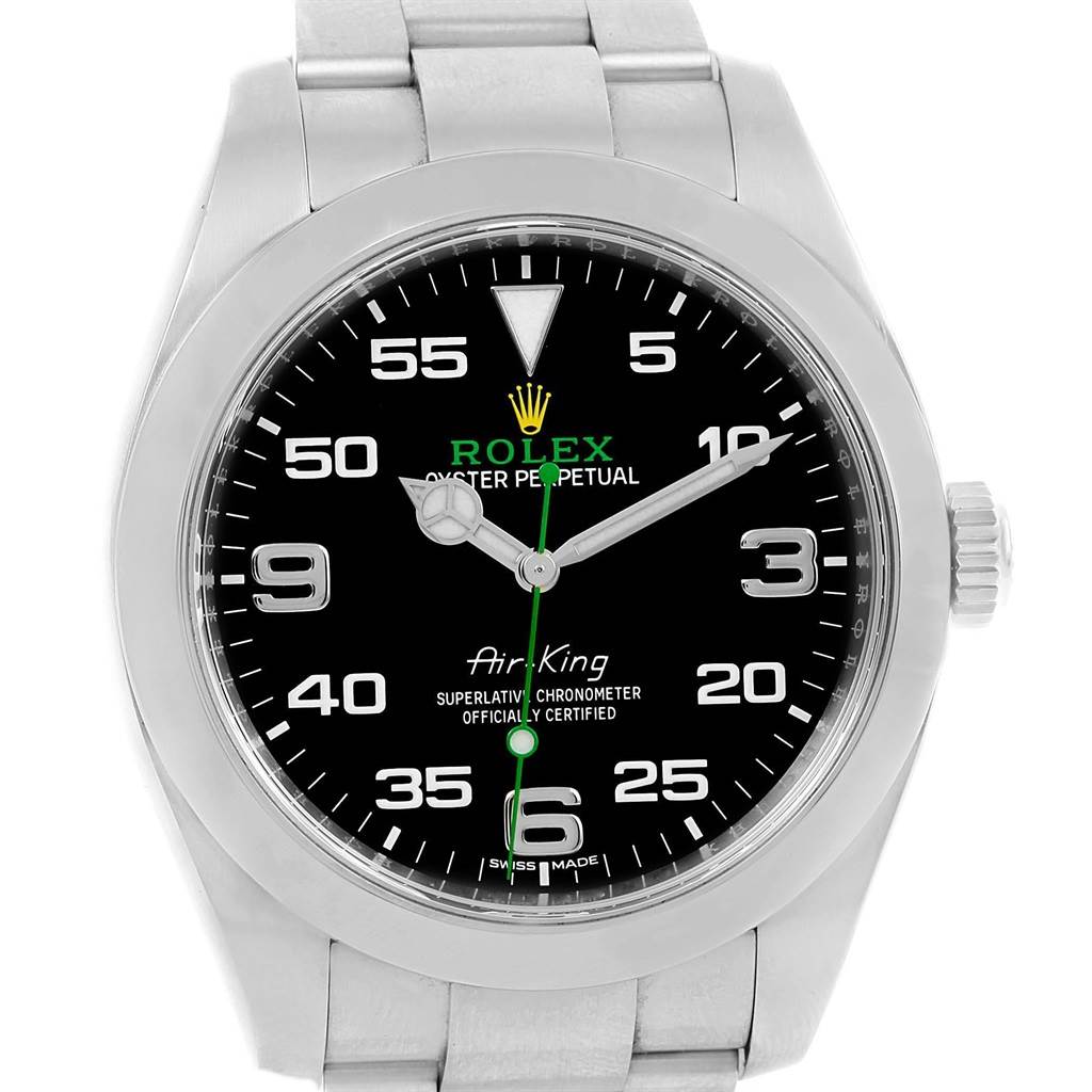 This image shows a head-on view of the Rolex Air-King 116900 Men's Stainless Steel Black Dial 116900 Men's Stainless Steel Black Dial watch, highlighting its black dial, silver hour markers, and stainless steel bracelet.