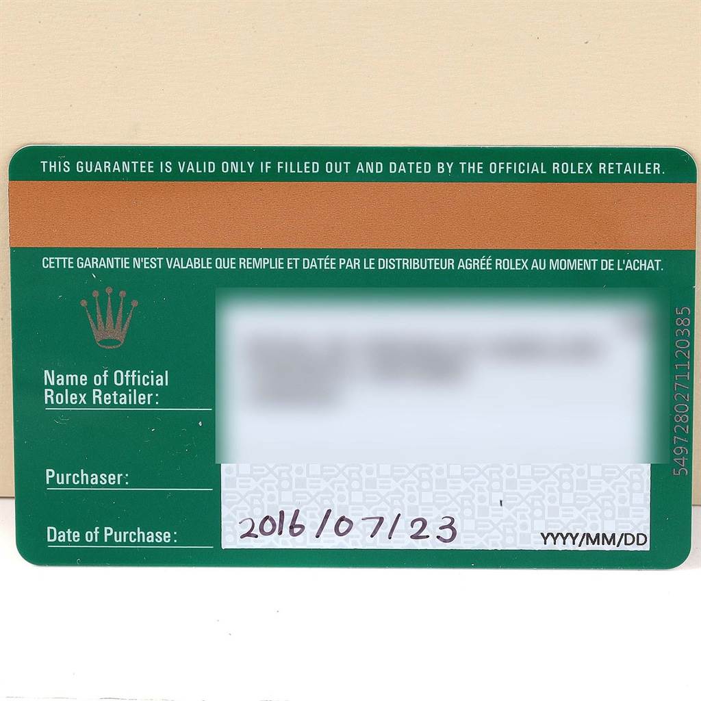 The image shows the warranty card for the Rolex Air-King 116900 Men's Stainless Steel Black Dial 116900 Men's Stainless Steel Black Dial watch, with fields for retailer and purchase details.