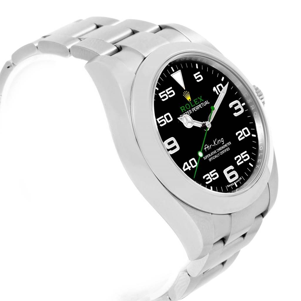 The image shows a Rolex Air-King 116900 Men's Stainless Steel Black Dial 116900 Men's Stainless Steel Black Dial watch from a side angle, highlighting the bracelet, case, and dial.