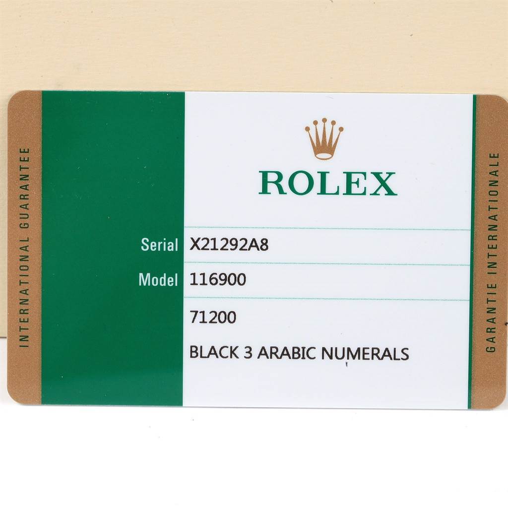 This image shows the international guarantee card for a Rolex Air-King 116900 Men's Stainless Steel Black Dial 116900 Men's Stainless Steel Black Dial model with serial number X21292A8 and model number 116900.