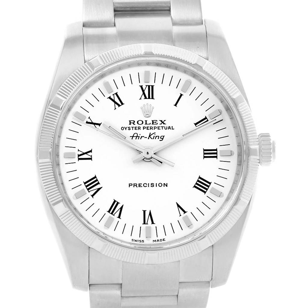 The image shows a front view of the Rolex Air-King 114210 Men's Stainless Steel White Dial 114210 Men's Stainless Steel White Dial model, displaying the watch face, bezel, and part of the stainless steel bracelet.
