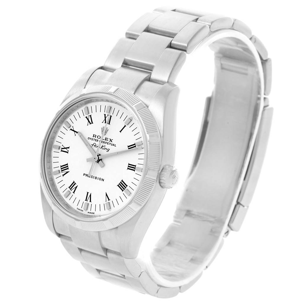 The Rolex Air-King 114210 Men's Stainless Steel White Dial 114210 Men's Stainless Steel White Dial watch is shown at a slight angle, displaying the face, case, crown, and bracelet.
