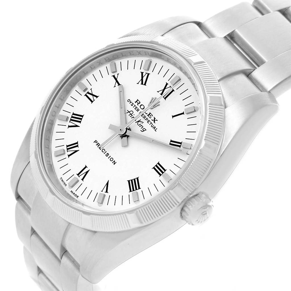 This image shows a Rolex Air-King 114210 Men's Stainless Steel White Dial 114210 Men's Stainless Steel White Dial watch at an angled view, displaying the dial, bezel, bracelet, crown, and lugs.