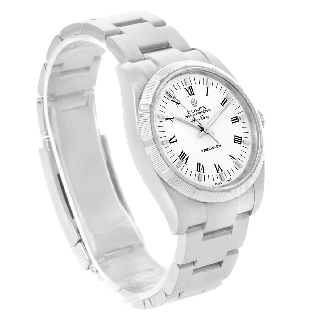 The Rolex Air-King 114210 Men's Stainless Steel White Dial 114210 Men's Stainless Steel White Dial watch is shown from a front-left angle, highlighting its face, bezel, and metal bracelet.