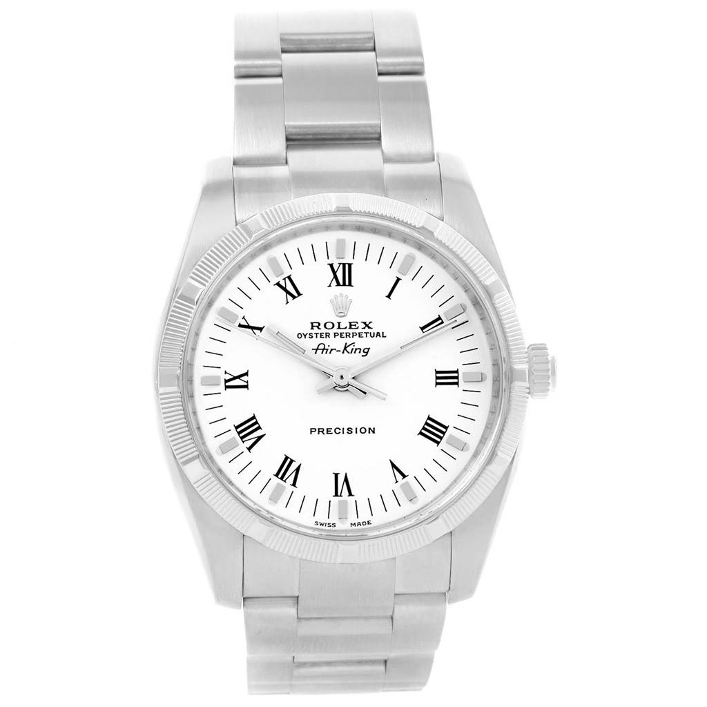 This image shows a frontal view of the Rolex Air-King 114210 Men's Stainless Steel White Dial 114210 Men's Stainless Steel White Dial watch, featuring the dial, bezel, and bracelet.