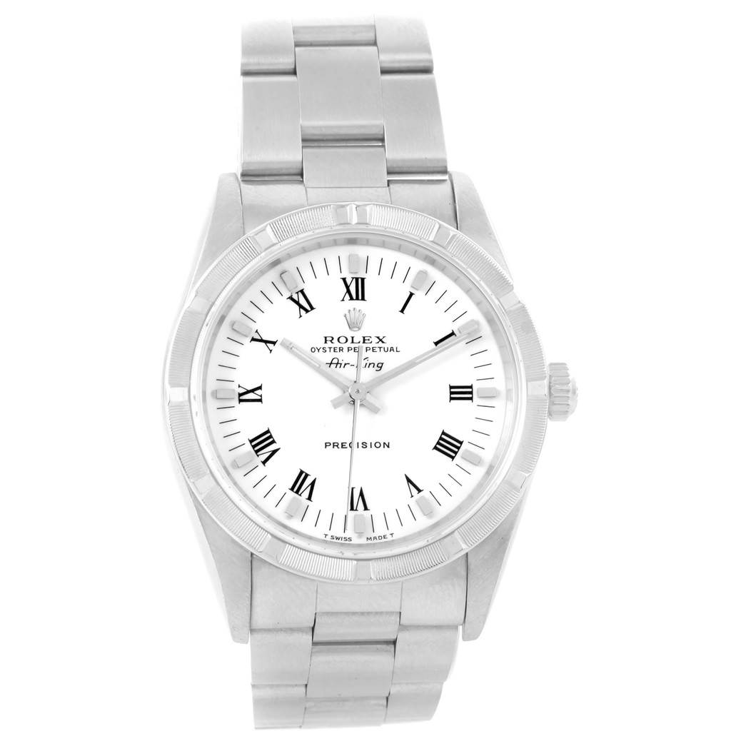 The image shows a front view of a Rolex Air-King 14010 Men's Stainless Steel White Dial 14010 Men's Stainless Steel White Dial watch, displaying its face, bezel, and bracelet.
