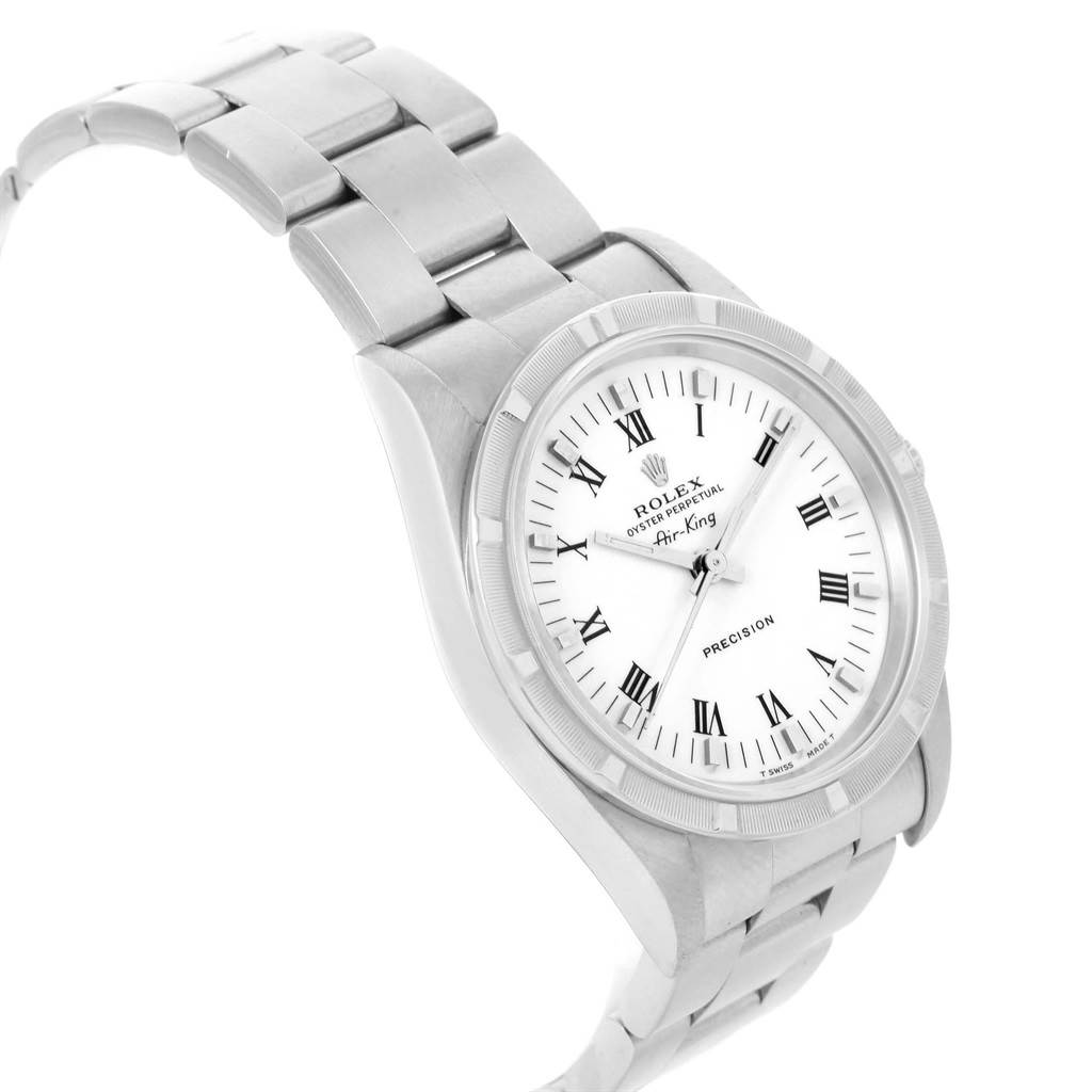This image shows a Rolex Air-King 14010 Men's Stainless Steel White Dial 14010 Men's Stainless Steel White Dial watch at a three-quarter angle, highlighting the bracelet, case, and white dial with Roman numerals.