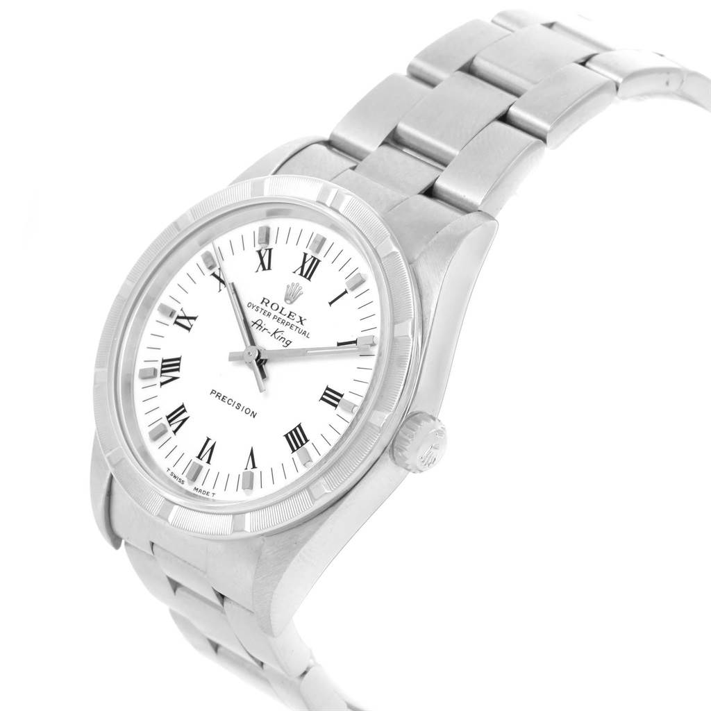The Rolex Air-King 14010 Men's Stainless Steel White Dial 14010 Men's Stainless Steel White Dial watch is shown at a slight angle, displaying its face, bezel, crown, and part of the bracelet.