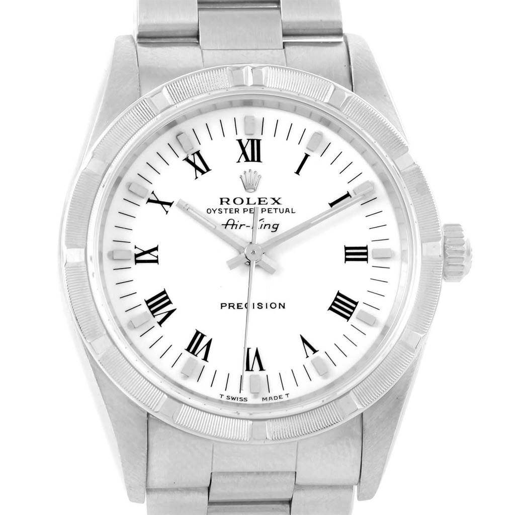 The image shows a front view of a Rolex Air-King 14010 Men's Stainless Steel White Dial 14010 Men's Stainless Steel White Dial watch, displaying the dial, bezel, and parts of the bracelet.