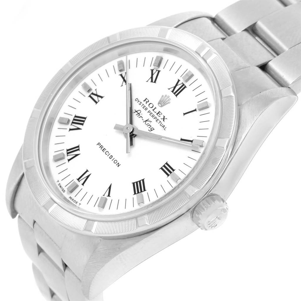The image shows a Rolex Air-King 14010 Men's Stainless Steel White Dial 14010 Men's Stainless Steel White Dial watch from an angled side view, highlighting the face, bezel, and bracelet.