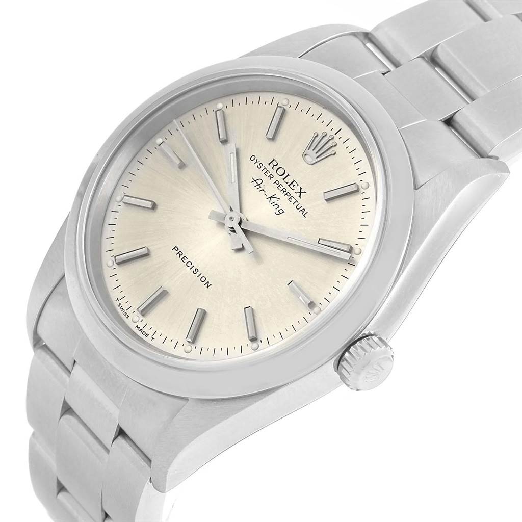 The Rolex Air-King 14000 Men's Stainless Steel Silver Dial 14000 Men's Stainless Steel Silver Dial watch is shown at an angled side view, displaying the dial, crown, case, and partially the bracelet.