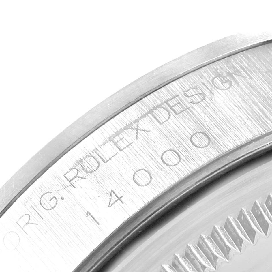 This image shows a close-up of the engraved case back of a Rolex Air-King 14000 Men's Stainless Steel Silver Dial 14000 Men's Stainless Steel Silver Dial watch, with the model number 14000 visible.