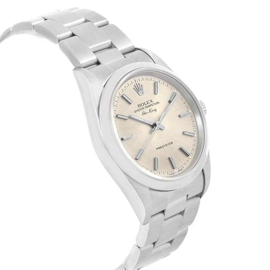 The image shows a Rolex Air-King 14000 Men's Stainless Steel Silver Dial 14000 Men's Stainless Steel Silver Dial watch from a slightly angled side view, highlighting the face, bezel, and bracelet.