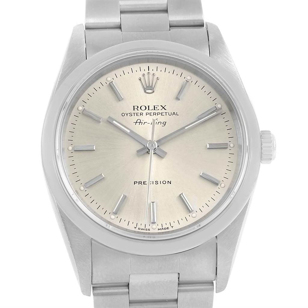 The image shows a frontal view of the Rolex Air-King 14000 Men's Stainless Steel Silver Dial 14000 Men's Stainless Steel Silver Dial watch, highlighting the dial, hands, markers, and part of the bracelet.