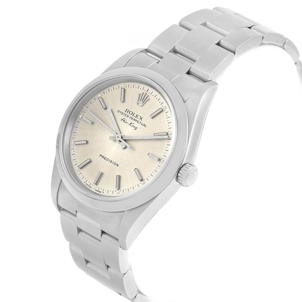 The Rolex Air-King 14000 Men's Stainless Steel Silver Dial 14000 Men's Stainless Steel Silver Dial watch is shown from a front angle, displaying its face, bezel, and bracelet.