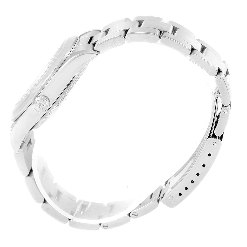 The Rolex Air-King 14000 Men's Stainless Steel Blue Dial 14000 Men's Stainless Steel Blue Dial watch is shown from a side angle, displaying its case and bracelet.