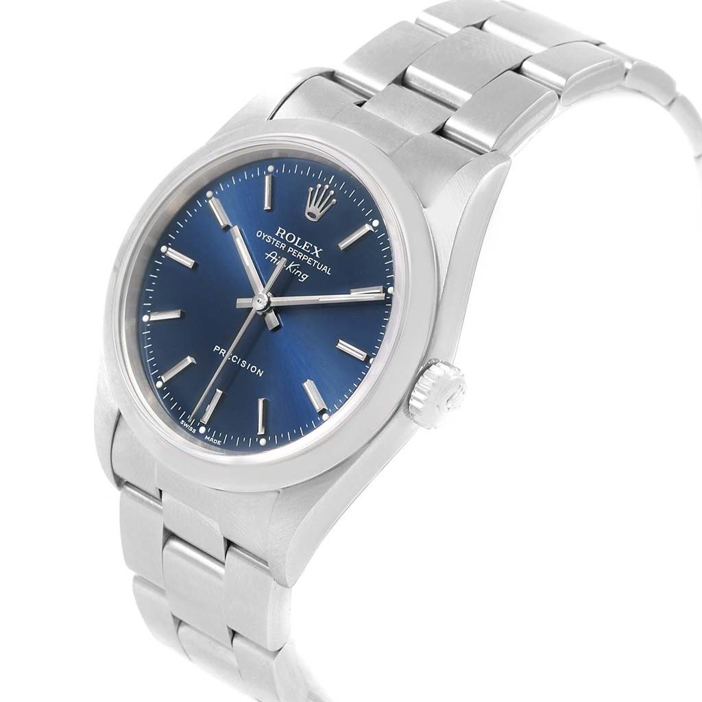 This Rolex Air-King 14000 Men's Stainless Steel Blue Dial 14000 Men's Stainless Steel Blue Dial watch is shown at a slight angle, displaying its blue dial, stainless steel bracelet, and crown.
