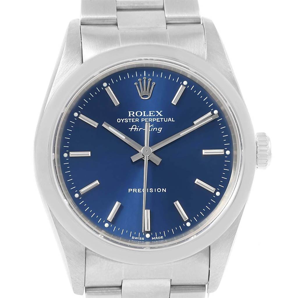 The image shows the face and part of the bracelet of a Rolex Air-King 14000 Men's Stainless Steel Blue Dial 14000 Men's Stainless Steel Blue Dial watch in a frontal angle.