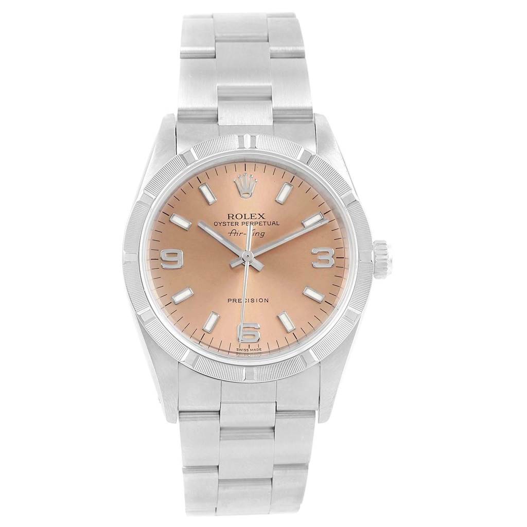 The image shows a front view of a Rolex Air-King 14010 Stainless Steel Pink Dial 14010 Stainless Steel Pink Dial watch, featuring its dial, hands, crown, and bracelet.