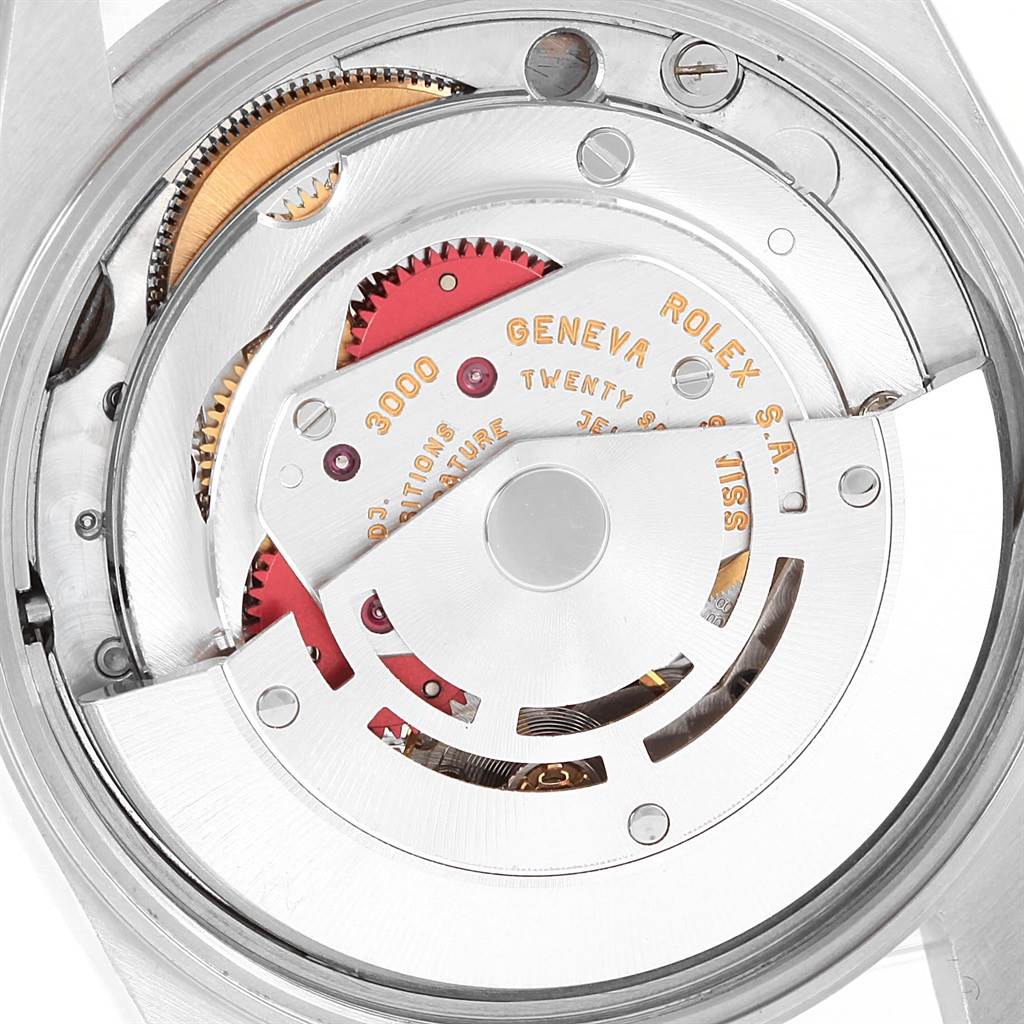 This is a close-up view of the movement mechanism inside the Rolex Air-King 14010 Stainless Steel Pink Dial 14010 Stainless Steel Pink Dial watch.