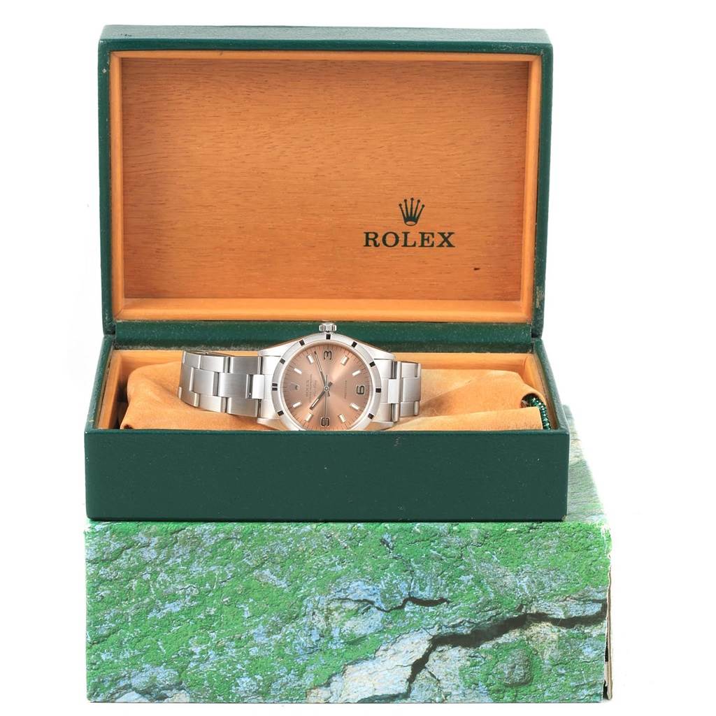 The image shows a Rolex Air-King 14010 Stainless Steel Pink Dial 14010 Stainless Steel Pink Dial watch displayed in an open green Rolex box with the brand name inside the lid, viewed from the front.