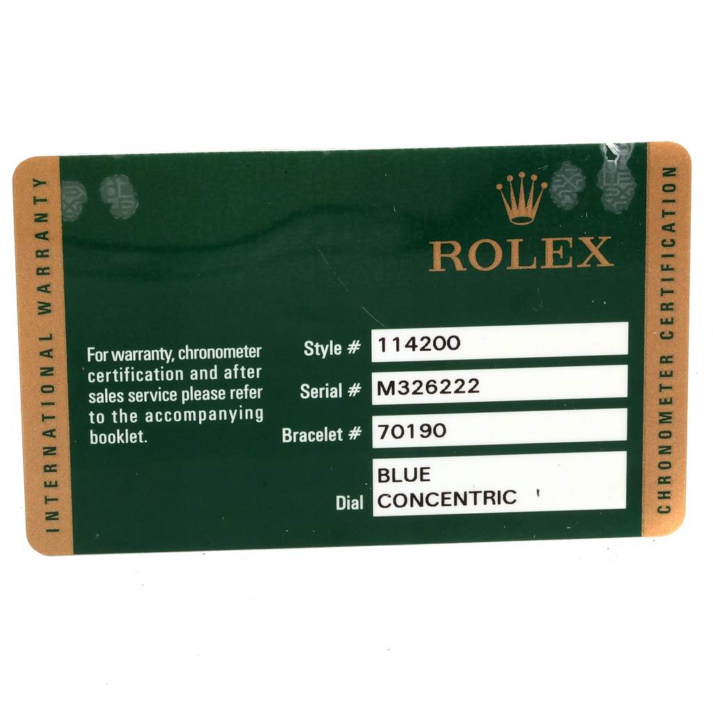 This is a Rolex Air-King 114200 Men's Stainless Steel Blue Dial 114200 Men's Stainless Steel Blue Dial warranty card showing the style, serial, bracelet, and dial details.