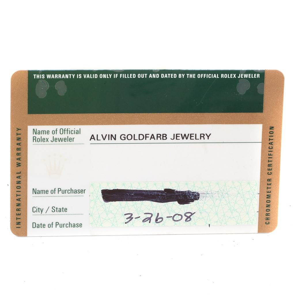 This image shows an International Warranty card for the Rolex Air-King 114200 Men's Stainless Steel Blue Dial 114200 Men's Stainless Steel Blue Dial model, issued by Alvin Goldfarb Jewelry.