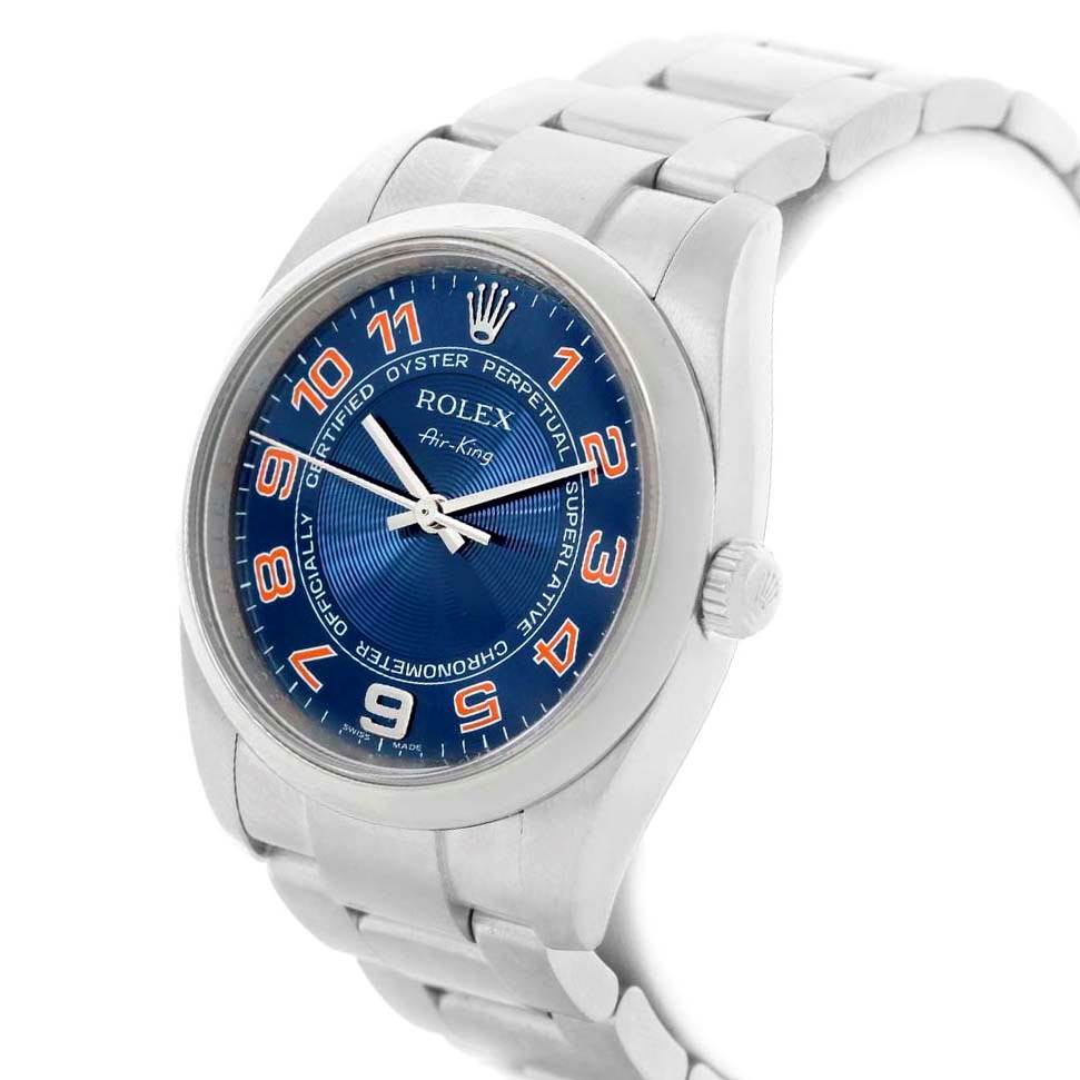 The Rolex Air-King 114200 Men's Stainless Steel Blue Dial 114200 Men's Stainless Steel Blue Dial watch is shown at a front angle, highlighting its blue dial, stainless steel case, and bracelet.