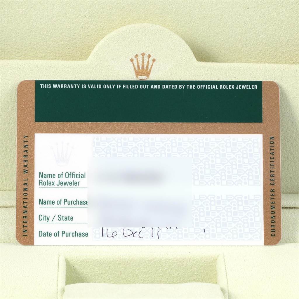 A Rolex Air-King 114200 Men's Stainless Steel Blue Dial 114200 Men's Stainless Steel Blue Dial warranty card is pictured at a straight-on angle, showing fields for jeweler name, purchaser name, city/state, and purchase date.