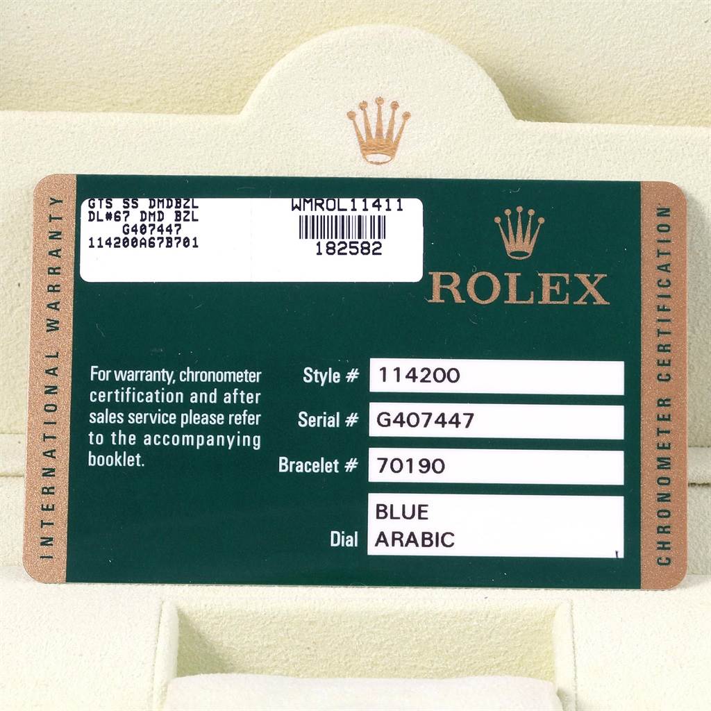 The image shows a warranty card for the Rolex Air-King 114200 Men's Stainless Steel Blue Dial 114200 Men's Stainless Steel Blue Dial model, detailing style, serial, bracelet, and dial information.