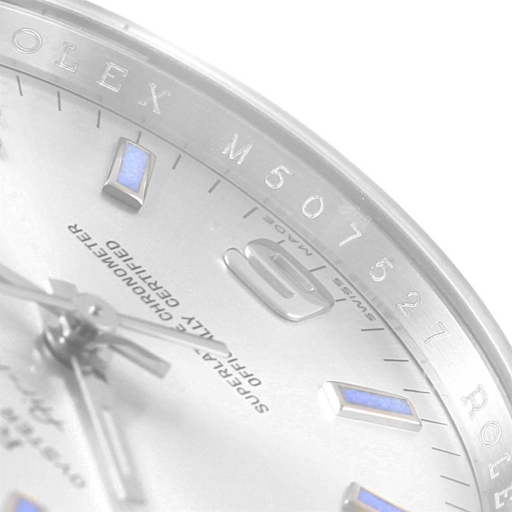 This image shows a close-up of the dial and bezel, focusing on the "Rolex" engraving and model number of the Rolex Air-King 114210 Men's Stainless Steel Silver Dial 114210 Men's Stainless Steel Silver Dial watch.