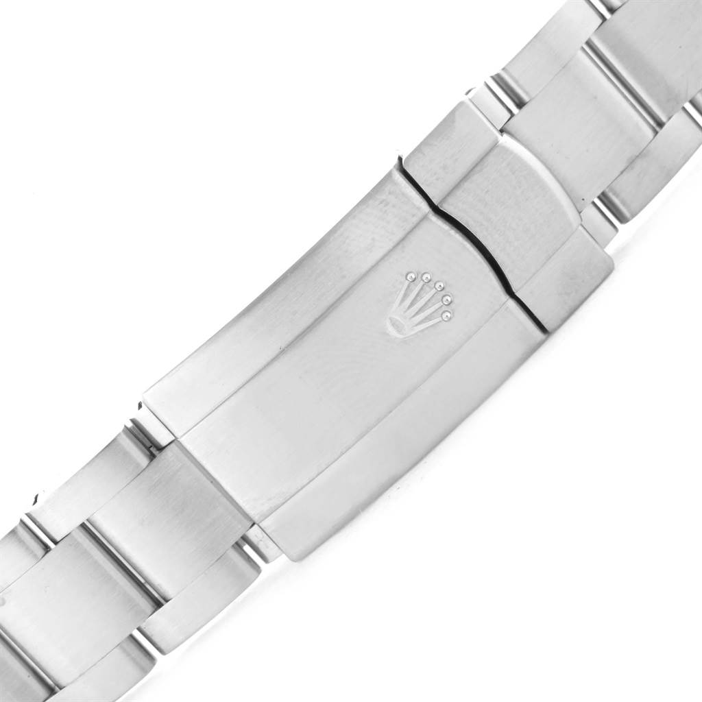 This image shows the clasp and part of the bracelet of a Rolex Air-King 114210 Men's Stainless Steel Silver Dial 114210 Men's Stainless Steel Silver Dial watch.