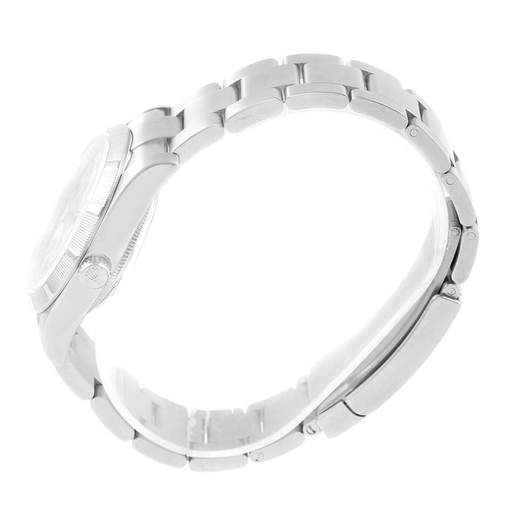 The image shows a side profile of a Rolex Air-King 114210 Men's Stainless Steel Silver Dial 114210 Men's Stainless Steel Silver Dial watch, highlighting its bracelet and case.