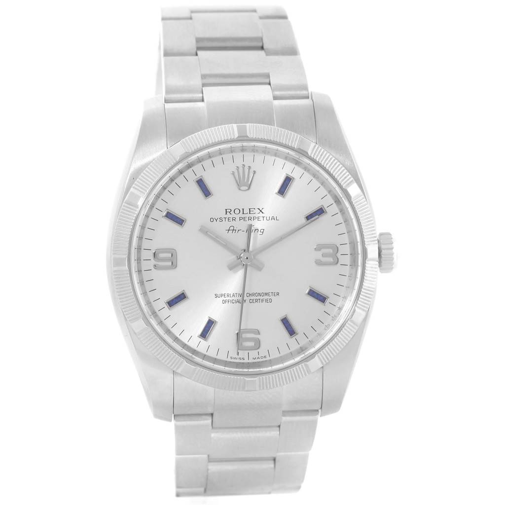 This image shows a front view of the Rolex Air-King 114210 Men's Stainless Steel Silver Dial 114210 Men's Stainless Steel Silver Dial watch, featuring its dial, bezel, and metal bracelet.