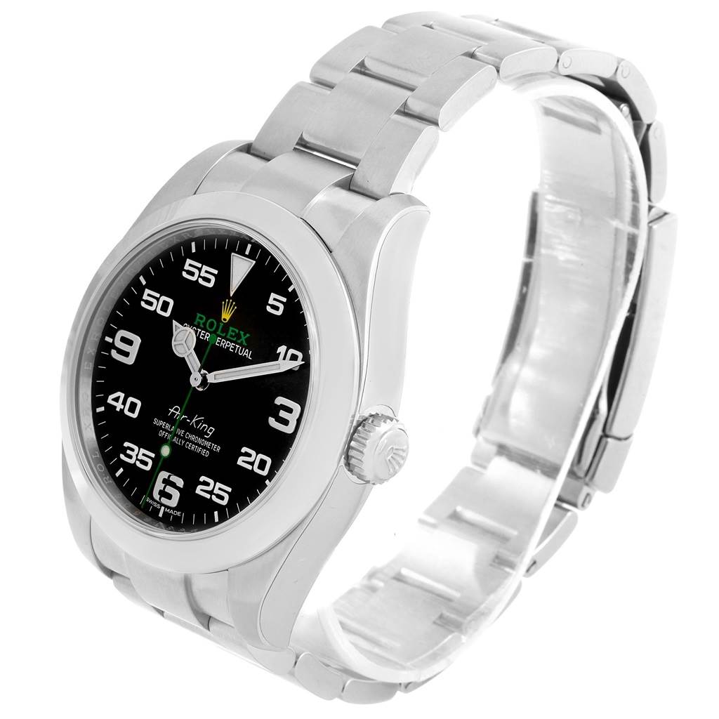 The image shows a Rolex Air-King 116900 Men's Stainless Steel Black Dial 116900 Men's Stainless Steel Black Dial watch angled to display the face, case, and bracelet.