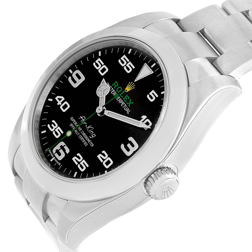 The image shows a Rolex Air-King 116900 Men's Stainless Steel Black Dial 116900 Men's Stainless Steel Black Dial watch angled slightly to showcase the face, bezel, and part of the bracelet.