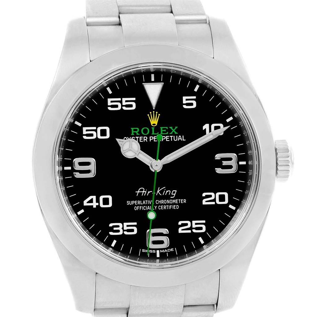 Front view of the Rolex Air-King 116900 Men's Stainless Steel Black Dial 116900 Men's Stainless Steel Black Dial watch showing the dial, bezel, and bracelet.