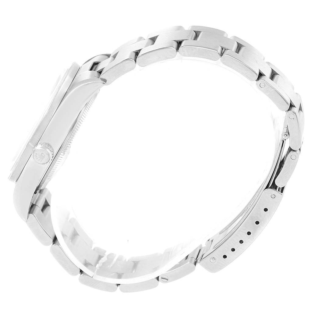 The image shows a Rolex Air-King 14010 Men's Stainless Steel Blue Dial 14010 Men's Stainless Steel Blue Dial watch from a side angle, highlighting the bracelet and clasp.