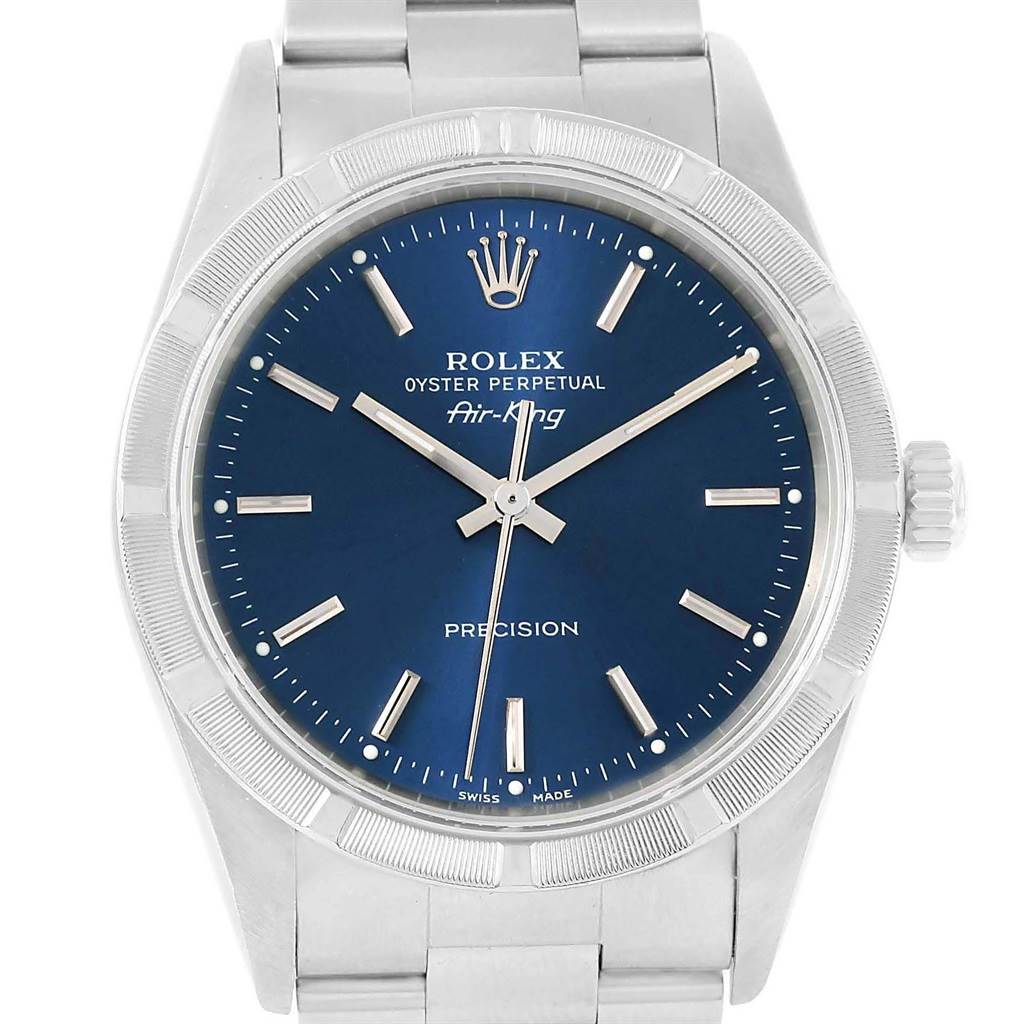 The image shows a front view of the Rolex Air-King 14010 Men's Stainless Steel Blue Dial 14010 Men's Stainless Steel Blue Dial watch, highlighting its blue dial, hour markers, and stainless steel bracelet.