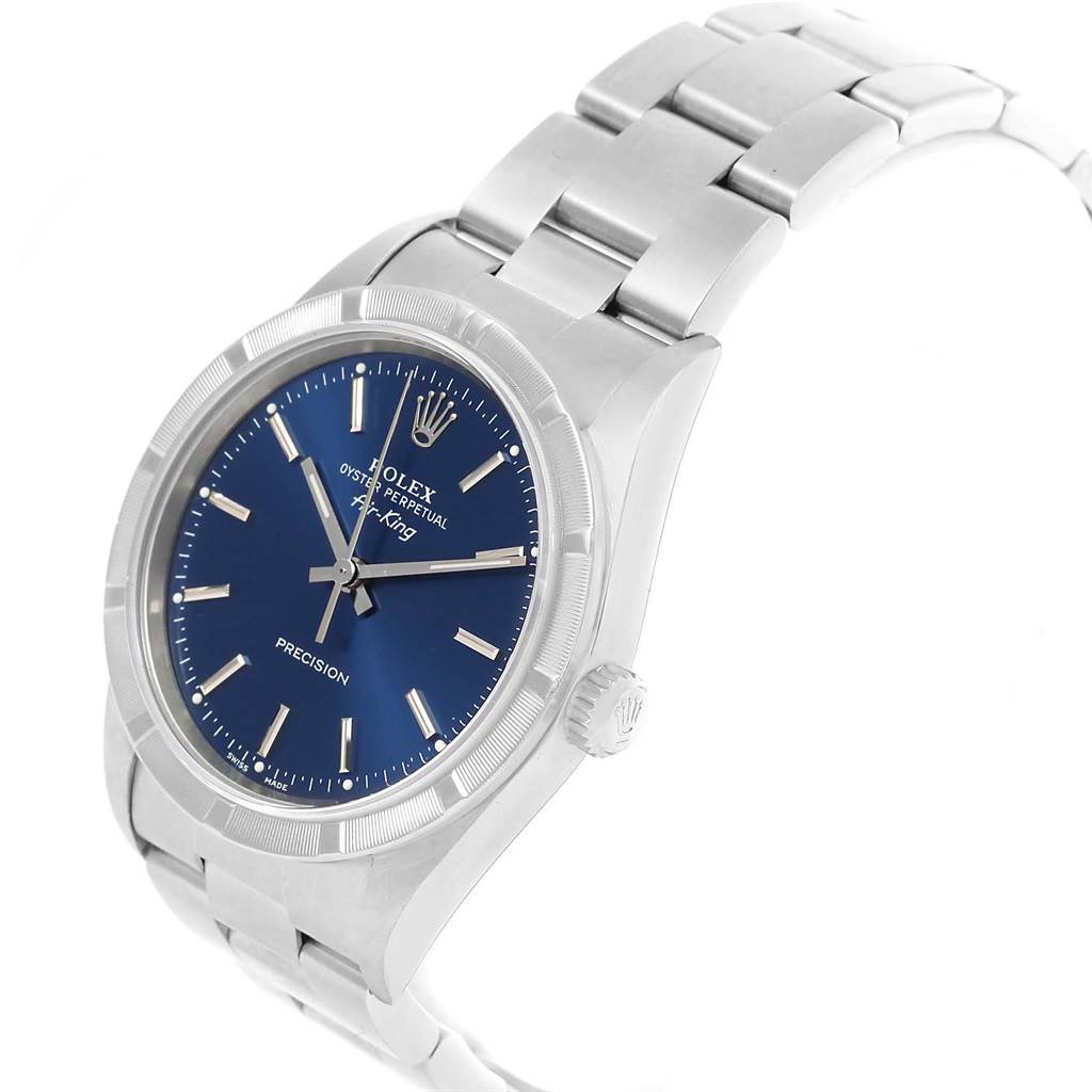 The Rolex Air-King 14010 Men's Stainless Steel Blue Dial 14010 Men's Stainless Steel Blue Dial watch is shown at a slight angle, highlighting its blue dial, hour markers, bezel, crown, and part of the bracelet.