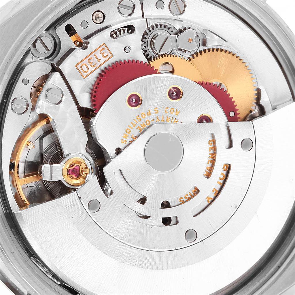 The image shows the internal mechanical movement of the Rolex Air-King 114200 Men's Stainless Steel Silver Dial 114200 Men's Stainless Steel Silver Dial watch from a close-up angle.