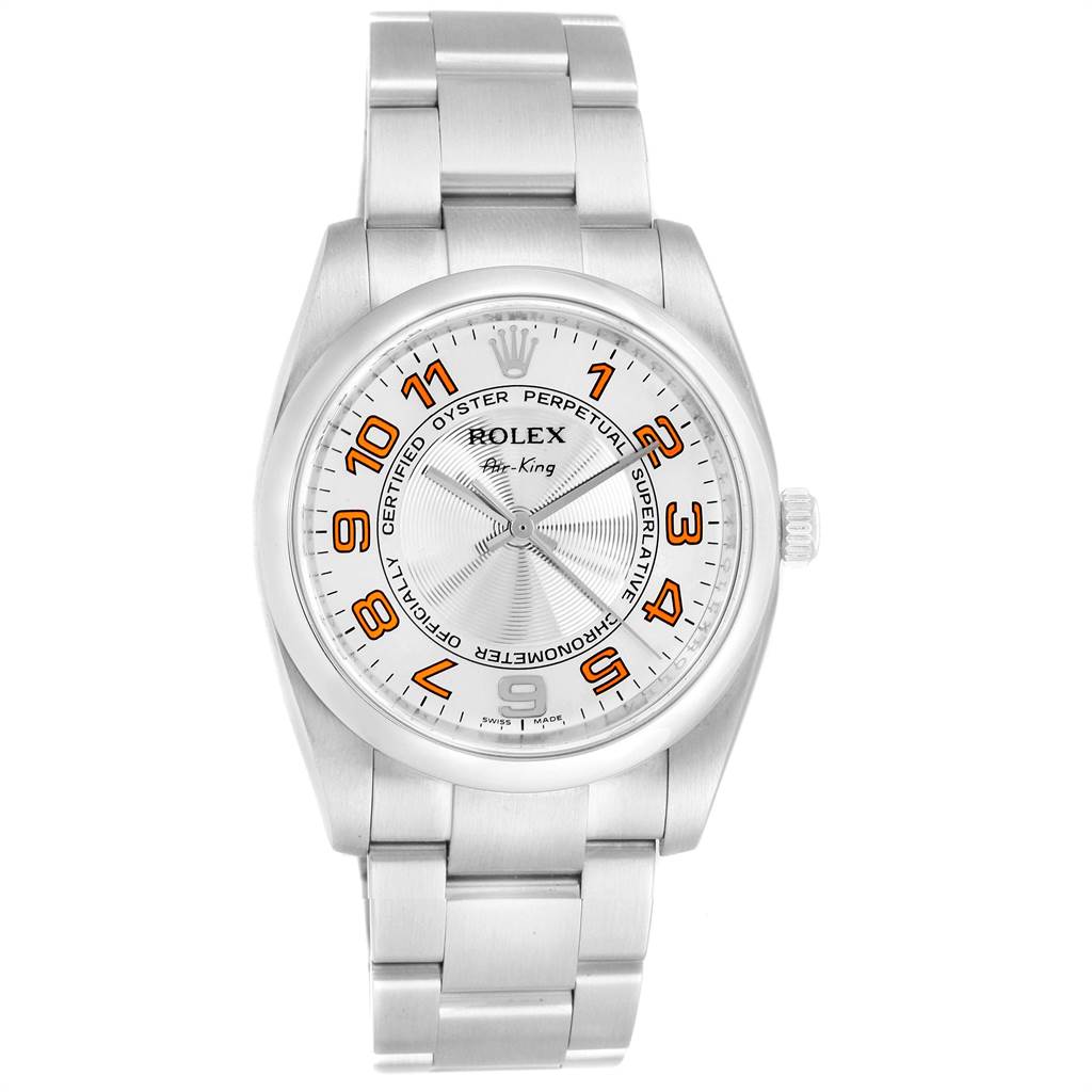 The image shows a head-on view of a Rolex Air-King 114200 Men's Stainless Steel Silver Dial 114200 Men's Stainless Steel Silver Dial watch, displaying the dial, bezel, and bracelet.