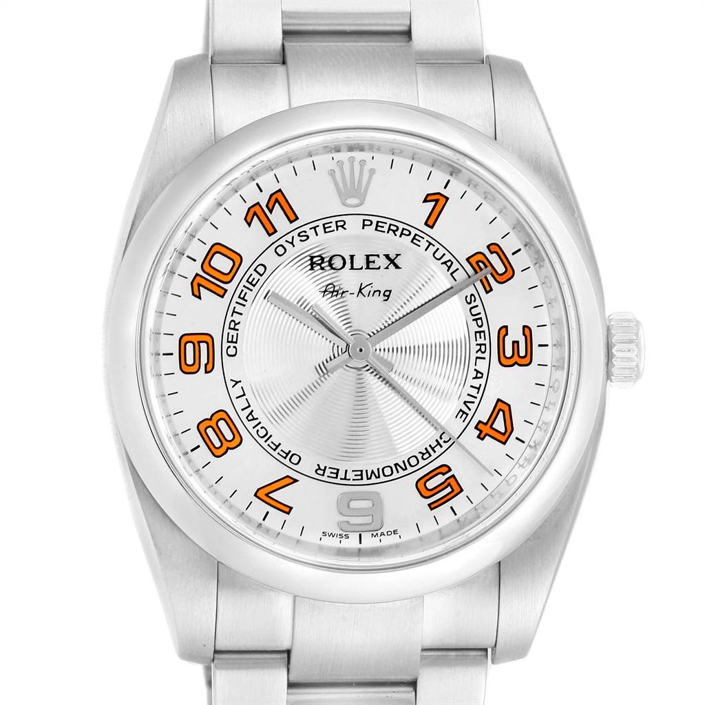 The Rolex Air-King 114200 Men's Stainless Steel Silver Dial 114200 Men's Stainless Steel Silver Dial watch is shown from the front, highlighting the dial, bezel, crown, and bracelet.