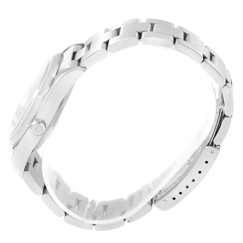 The Rolex Air-King 14000 Men's Stainless Steel Black Dial 14000 Men's Stainless Steel Black Dial watch is shown from a side angle, highlighting the crown, case, and bracelet.