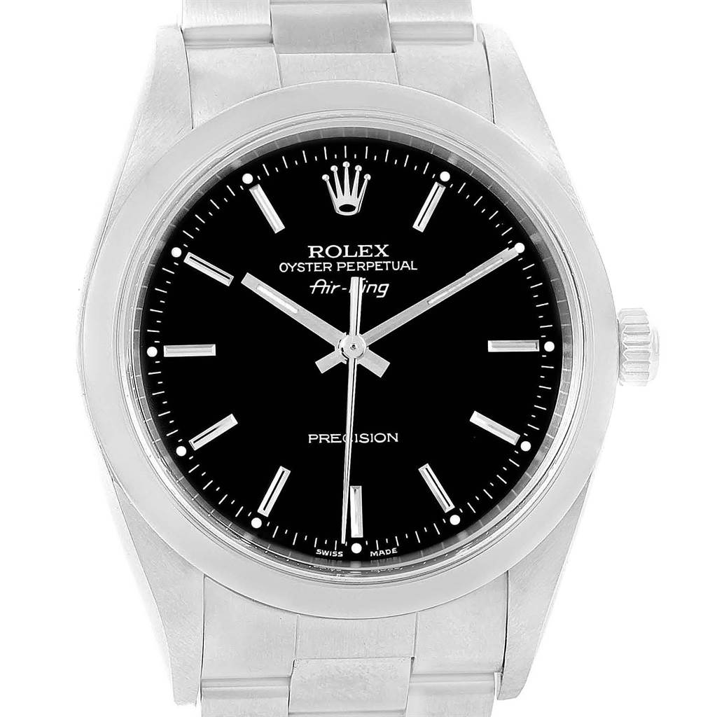 The image shows a front view of the Rolex Air-King 14000 Men's Stainless Steel Black Dial 14000 Men's Stainless Steel Black Dial watch, displaying its face, bezel, and part of the bracelet.