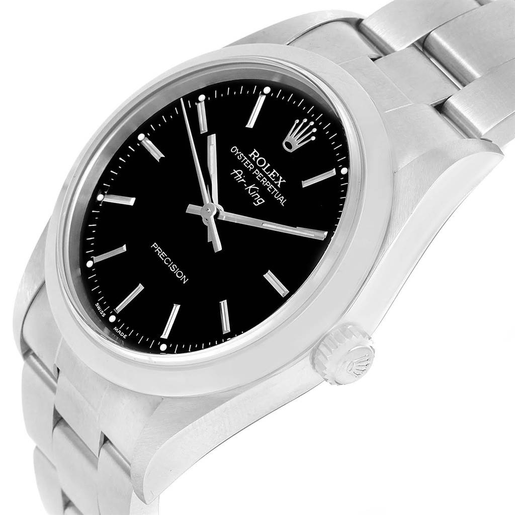 The image shows a close-up angled view of a Rolex Air-King 14000 Men's Stainless Steel Black Dial 14000 Men's Stainless Steel Black Dial watch, highlighting the black dial, bezel, crown, and stainless steel bracelet.