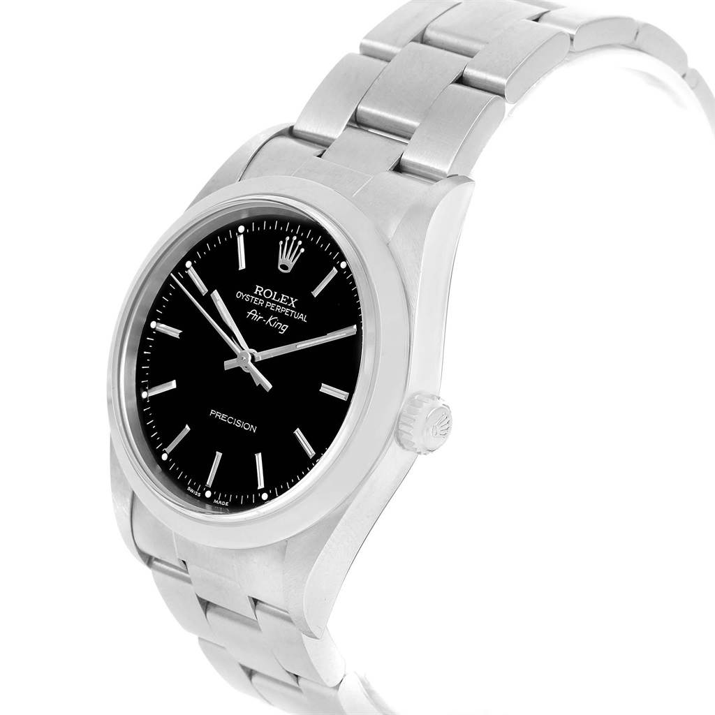 The image shows a Rolex Air-King 14000 Men's Stainless Steel Black Dial 14000 Men's Stainless Steel Black Dial watch at a slight left-side angle, highlighting the bracelet, case, and dial.