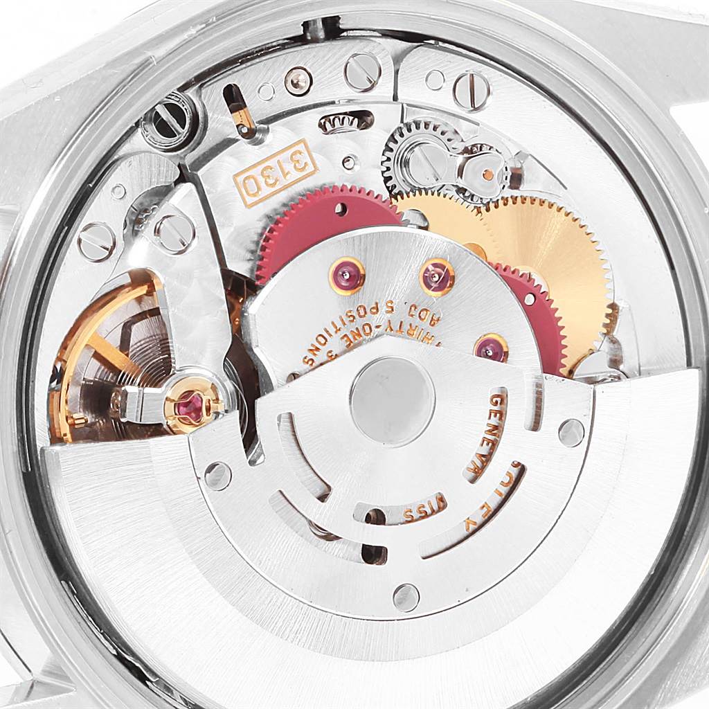 This image shows a close-up view of the movement mechanism inside a Rolex Air-King 14000 Men's Stainless Steel Black Dial 14000 Men's Stainless Steel Black Dial watch.
